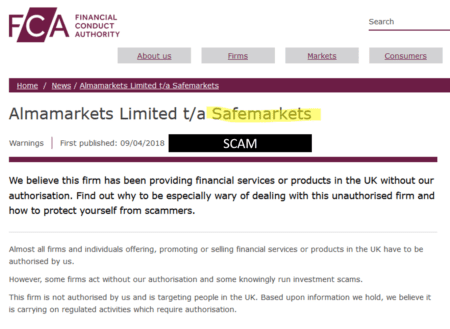 FCA warning against SafeMarkets