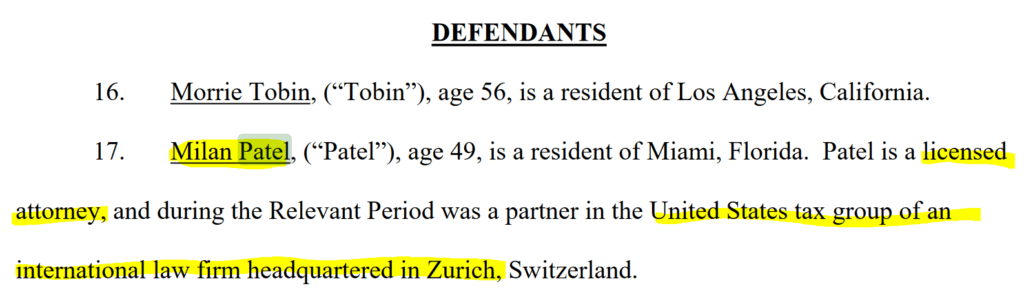 US lawyer Milan Patel pleaded guilty and is a Defendant in the SEC complaint