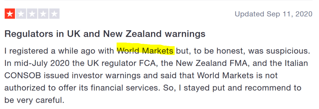 WorldMarkets Review on TrustPilot with scam warning