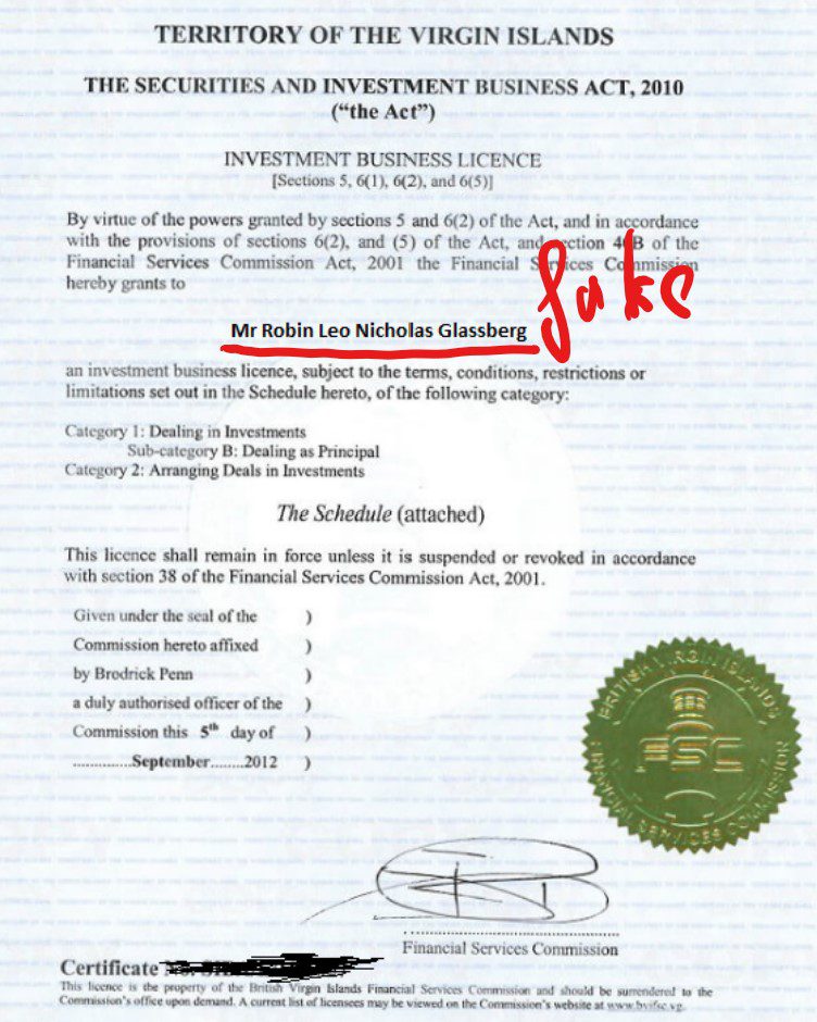 GS4Trade boiler room agents Robin Glassberg and his fake certificate