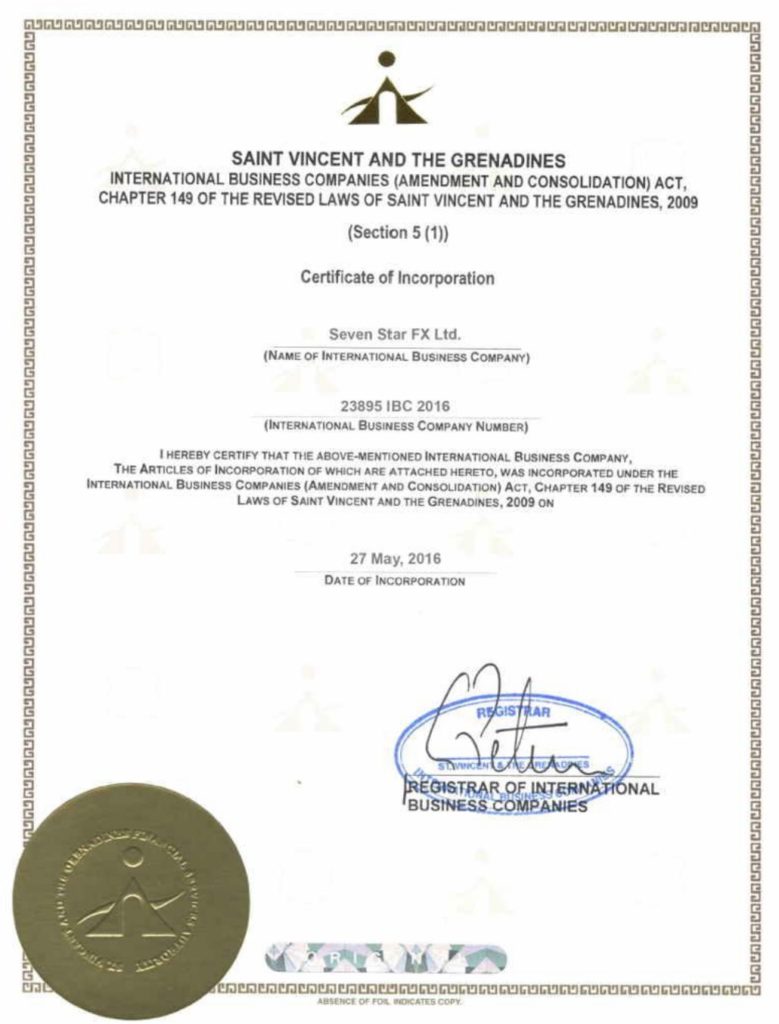 Fake certificate of Seven Star FX Ltd in St. Vincent and the Grenadines