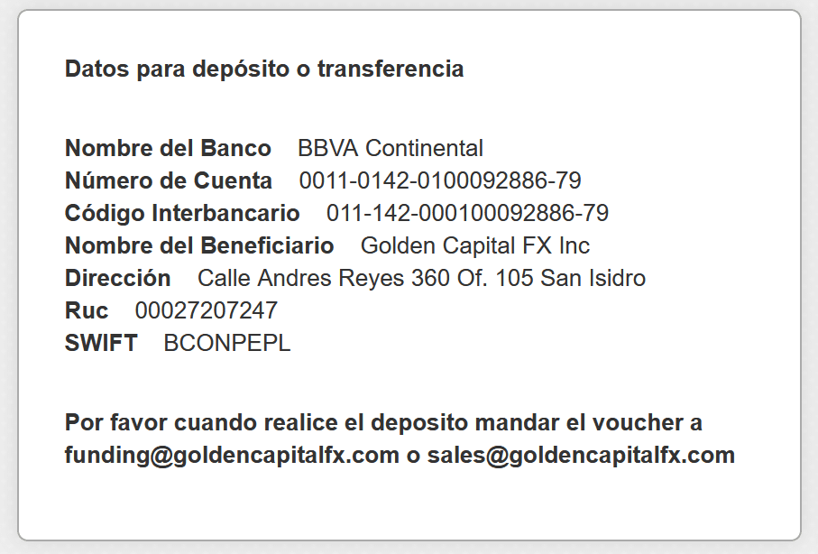 Golden Capital FX bank account with BBVA Continental