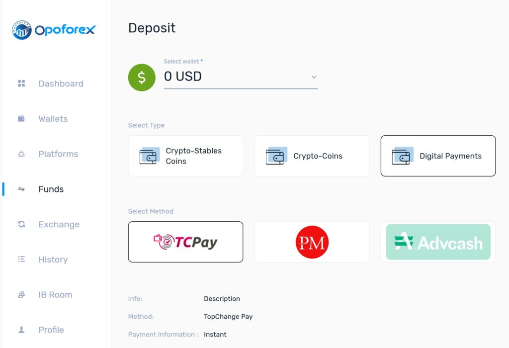 Opoforex payment options TC Pay Perfect Money and Advcash