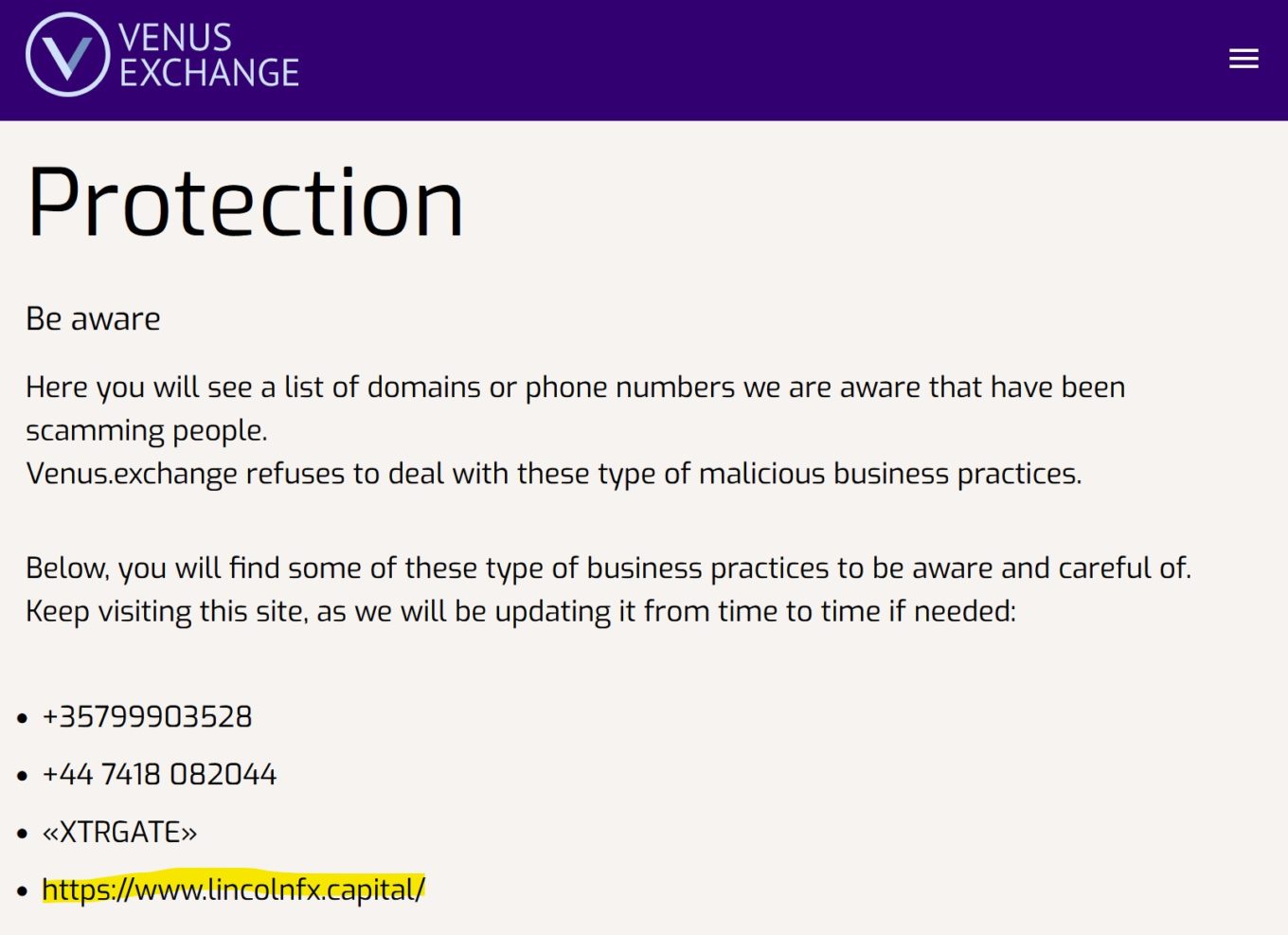 Venus Exchange warns against LincolnFX
