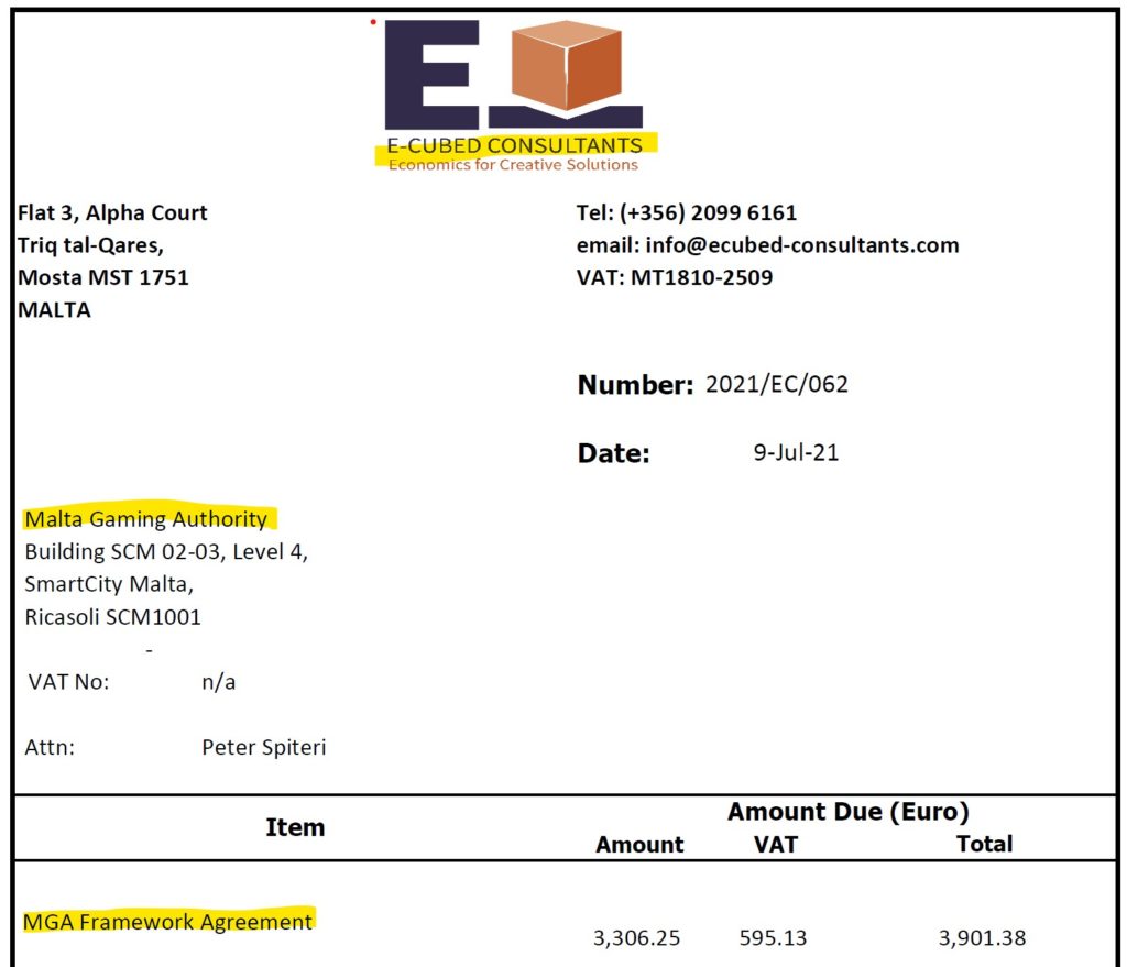 E-Cubed Consultants sends invoice to the Malta Gaming Authority
