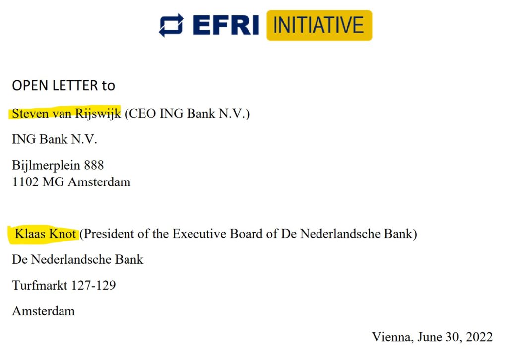 EFRI sends open letter to ING CEO Steven van Rijswijk
