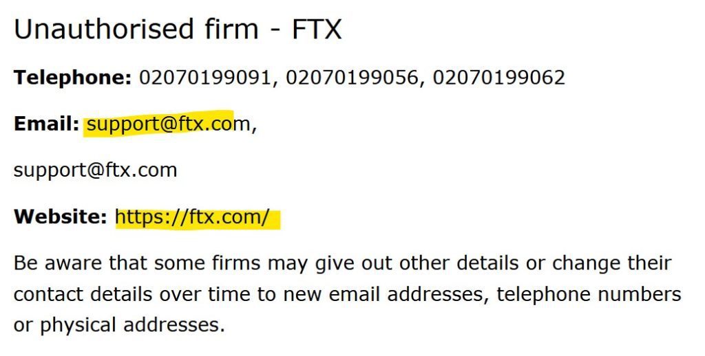 FCA warns against crypto exchange FTX