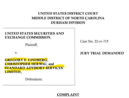 SEC filed fraud complaint against Gregory Lindberg and Standard Advisory Services