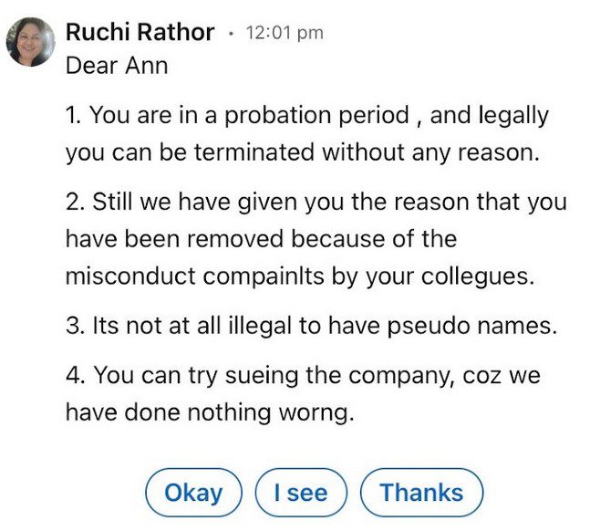 Ruchi Rathor Email answer to employee