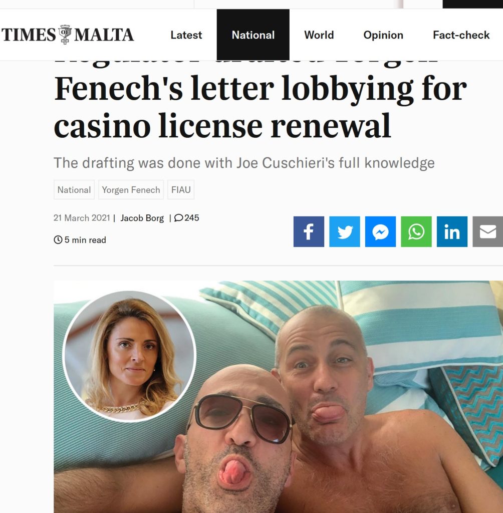 Times of Malta reported on Edwina Licari and her supportive role for Yorgen Fenech