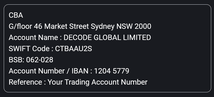 Bank wire instructions for offshore broker DecodeFX