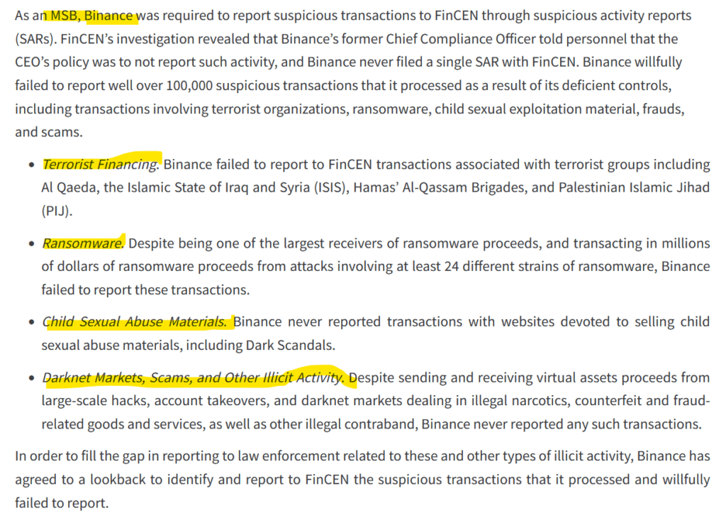 Binance failures according to FinCEN findings
