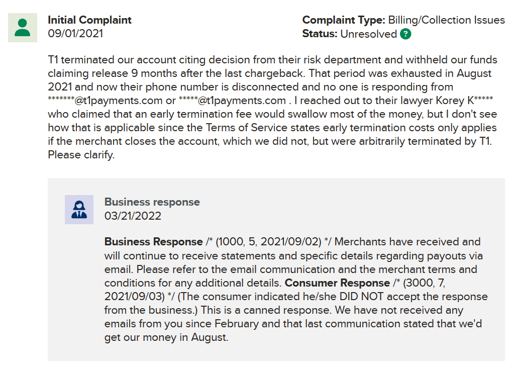 T1 Payments and complaints about its termination fee approach