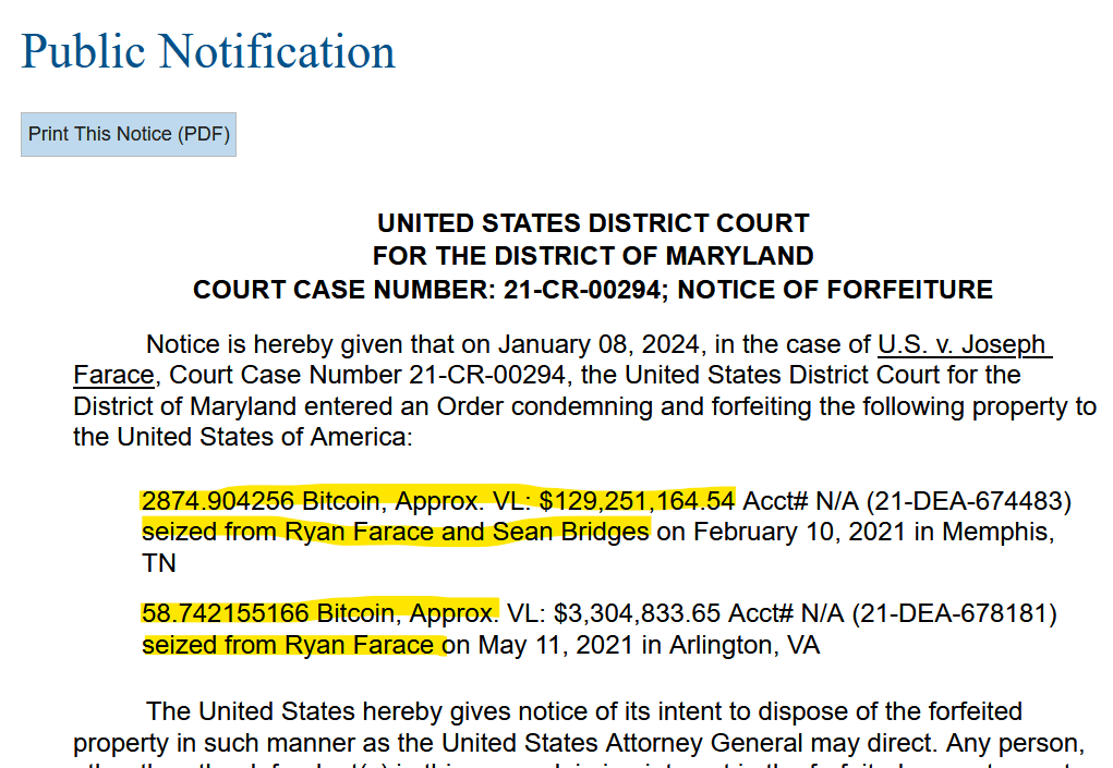DOJ filed public notice so sell Bitcoins seized from Ryan Farace and Sean Bridges