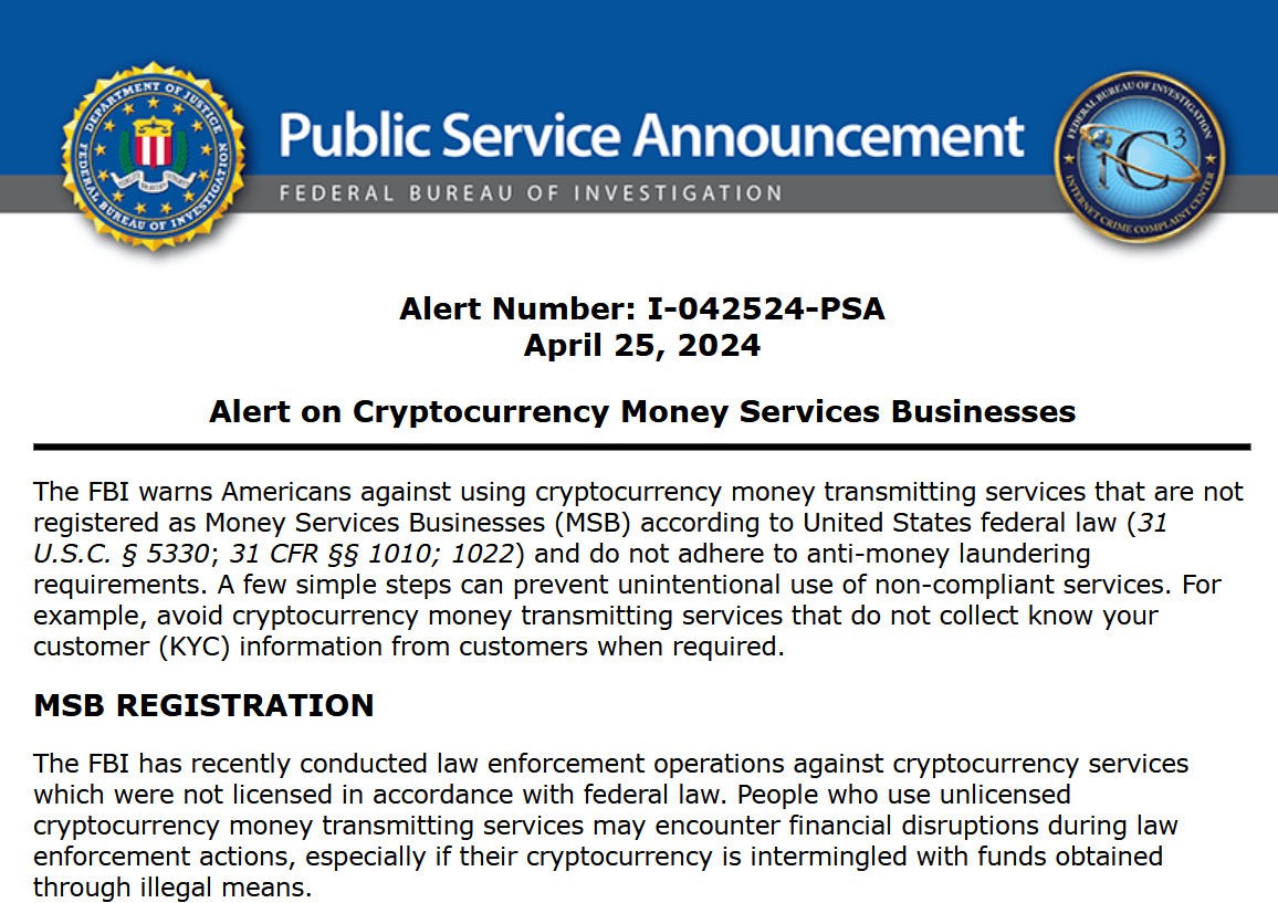 Attention: FBI Issues Warning on Unregistered Crypto Money Transmitting  Services! | FinTelegram News
