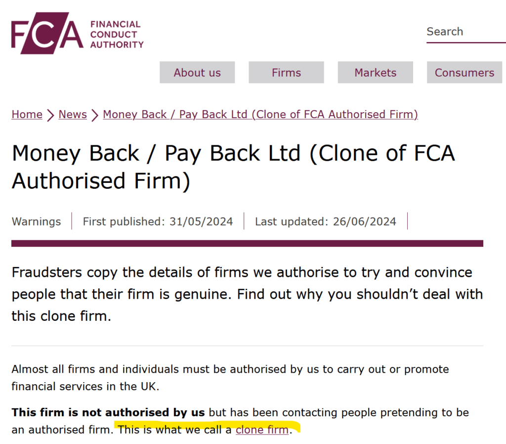 FCA warning against fund recovery scheme Pay Back aka Money Back