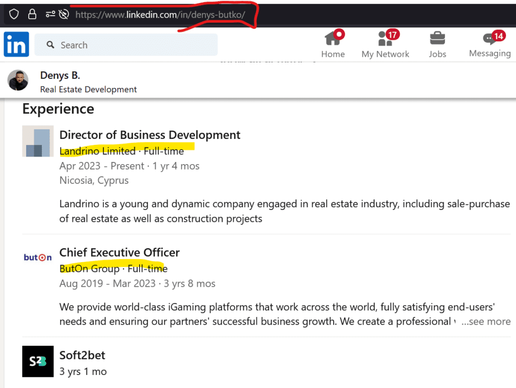 Denys Butko and his deleted LinkedIn profile