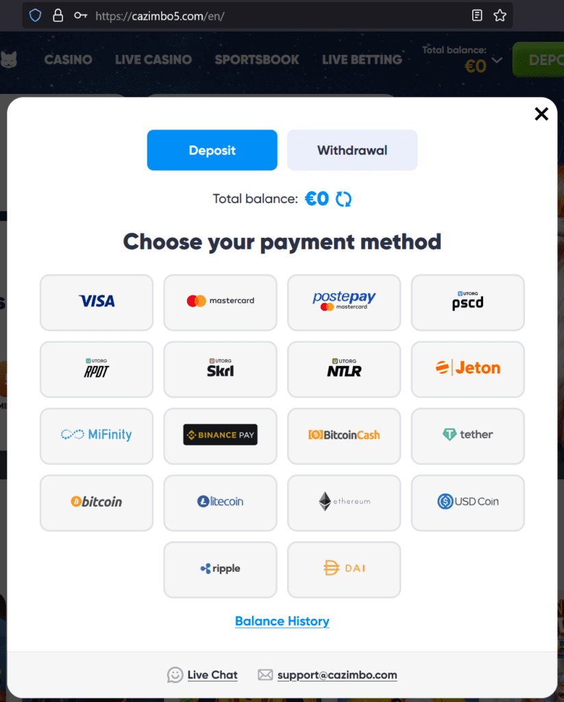 payment options for the illegal online casino Cazimbo