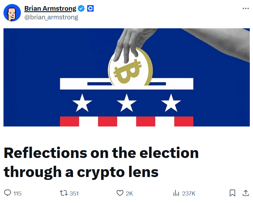Coinbase CEO Brian Armstrong and his reflections on the US election