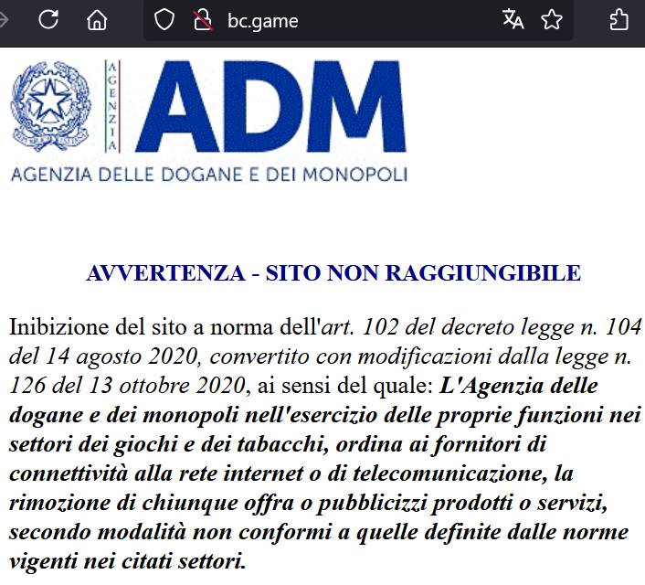 Italian regulator banned BC Game domain for Italian players