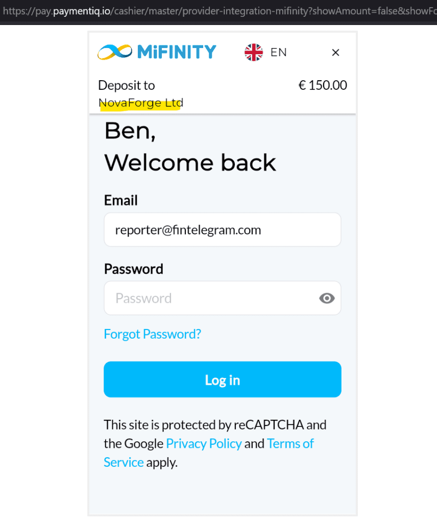 NovaForge facilitated by high-risk payment processor MiFinity