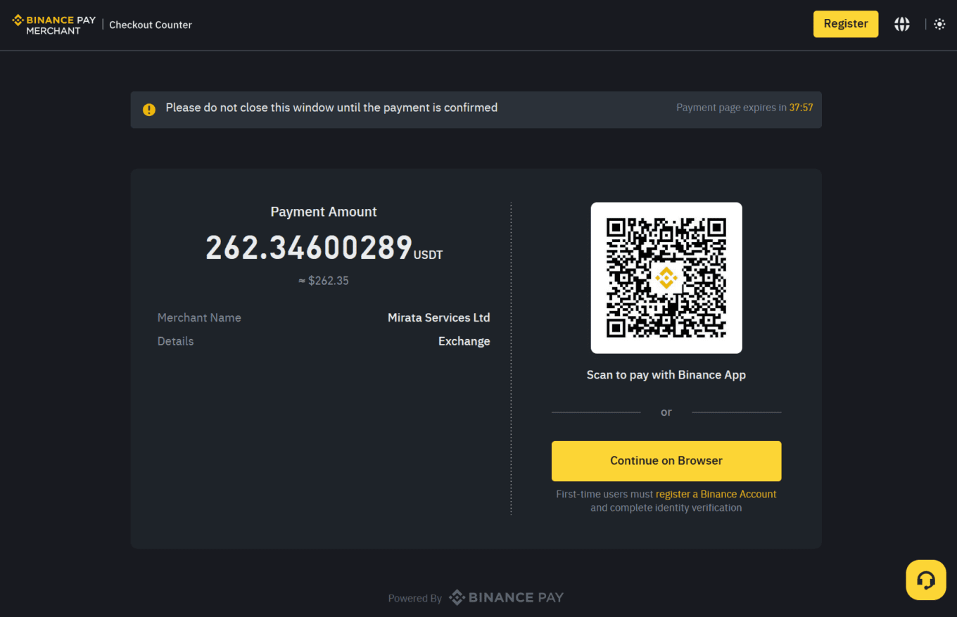 Mirata Services Limited as a merchant for illegal casino operations with Binance Pay