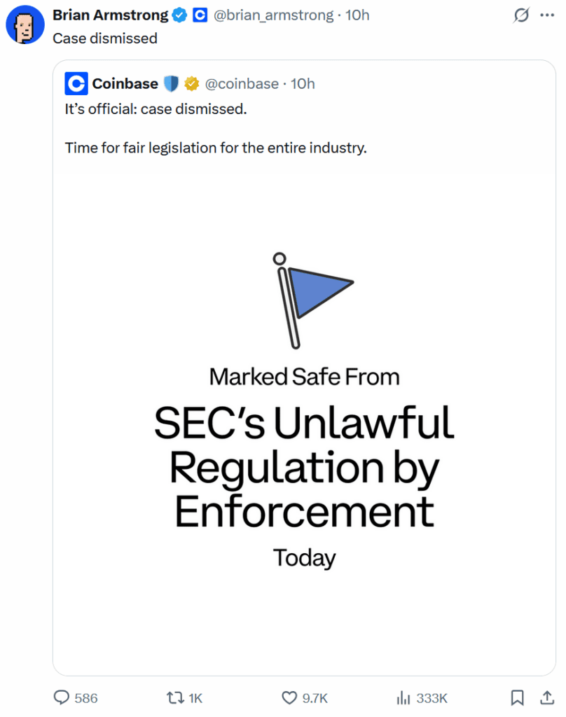 Coinbase CEO Brian Armstrong announced the dismissal of the SEC case on X