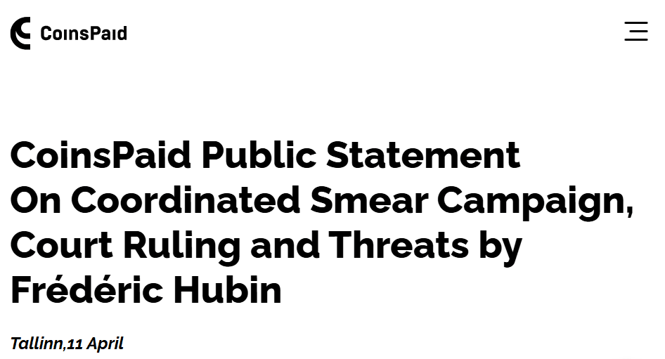 CoinsPaid about former director Frederic Hubin in a blog post