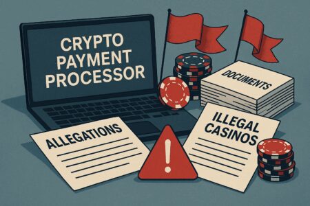 Featured image showing a crypto payment processor tangled in legal documents, casino chips, and red flags, symbolizing the CoinsPaid–SoftSwiss controversy.