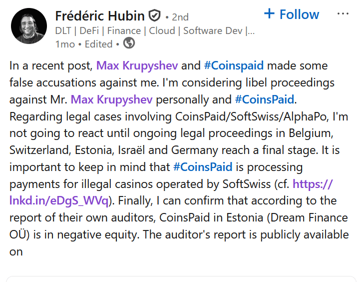 Former CoinsPaid director accuses CoinsPaid of money laundering for illegal SoftSwiss casinos