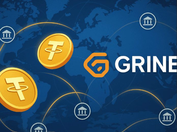 Visual representation of cryptocurrency transactions with Grinex logo, symbolizing the movement of funds through global exchanges