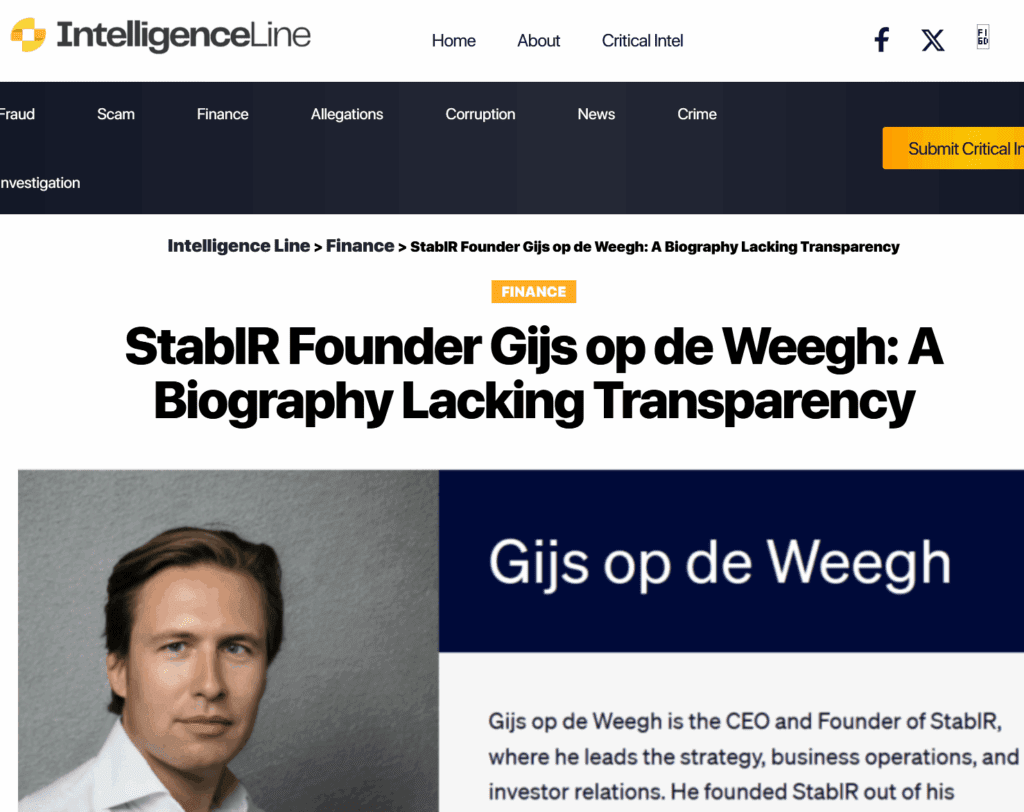 IntelligenceLine about the lacking transparency of StablR founder Gijs op de Weegh