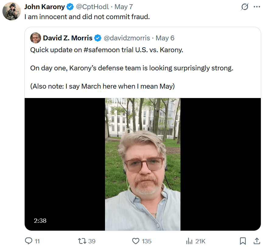 John Karony claims his innocence in the SafeMoon trial via X