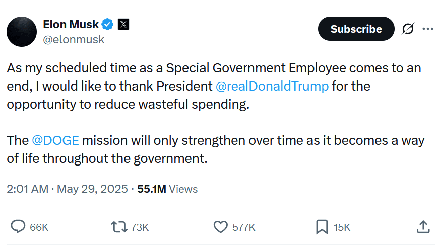 Musk announces DOGE resignation on X