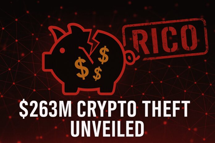 A dark-themed image showing a digital piggy bank fractured with dollar signs leaking out, overlayed with red blockchain nodes and the word 