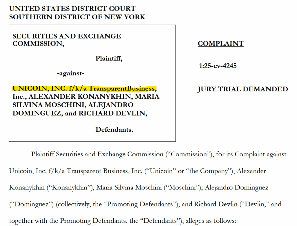 SEC complaint against Unicoin