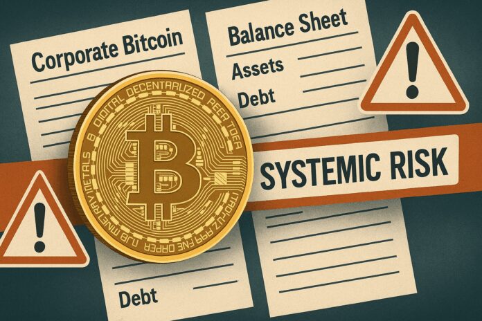 Corporate Bitcoin vault graphic overlaying debt-financed balance sheets with warning symbols.
