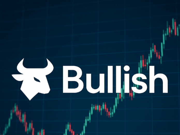 Bullish crypto exchange logo stylized over a fluctuating stock‑market chart backdrop.