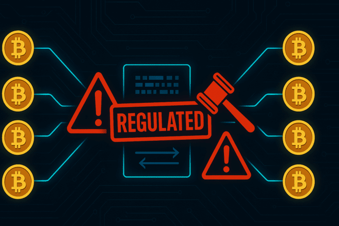Diagram of a CoinJoin transaction with multiple Bitcoin inputs and outputs on a dark circuit-board background, overlaid by bright red regulatory warning signs and a ‘REGULATED’ stamp.