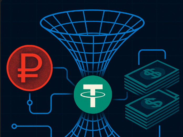 Crypto wireframe pipeline funneling from Russian rubles and USDT into U.S. dollar stacks — symbolizing digital sanctions evasion.