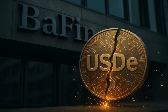 Close-up of BaFin’s headquarters sign overlaid with a broken digital coin bearing “USDe”, symbolising Germany’s clampdown on unstable stablecoins