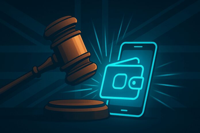Gavel striking a digital wallet icon, symbolising UK courts enforcing Quincecare duty on fintech payment processors.