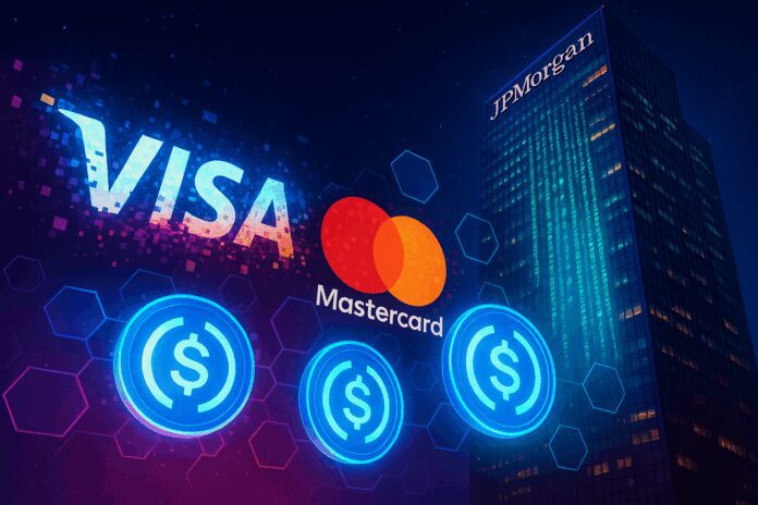 Futuristic collage of Visa and Mastercard logos dissolving into blockchain tokens labeled USDC while a JPMorgan skyscraper projects code onto the night sky