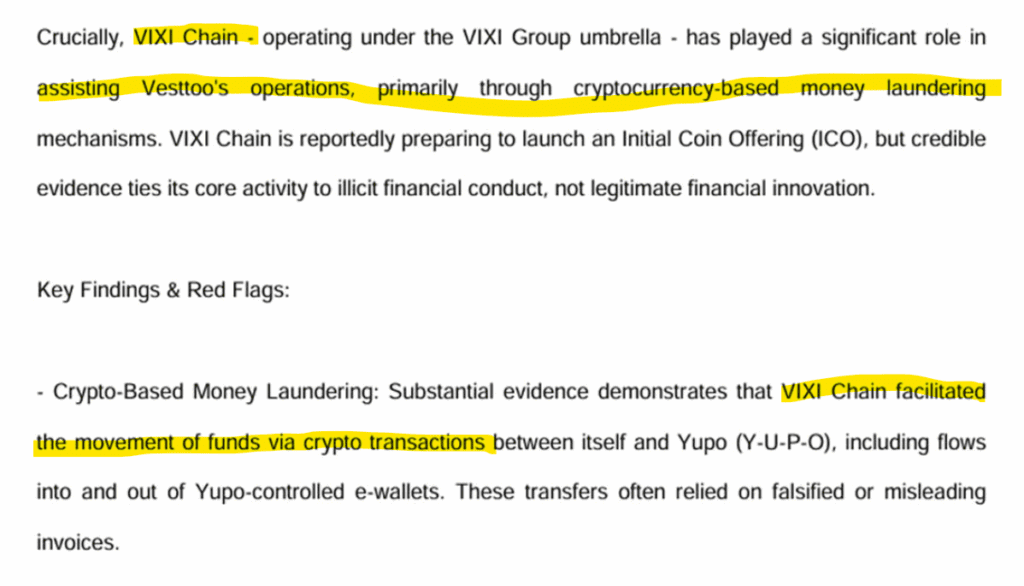 VIXI Chain allegedly used for crypto-based money laundering for the VESTtoo scheme