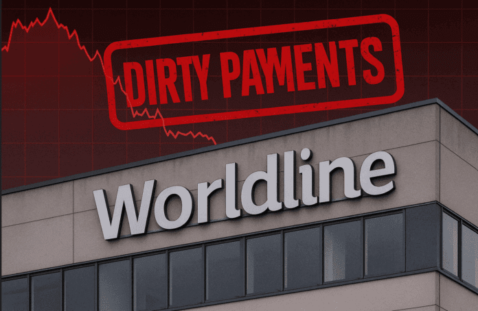 A Worldline headquarters façade overshadowed by a red ‘Dirty Payments’ stamp and a plunging stock-price line graph in the background.