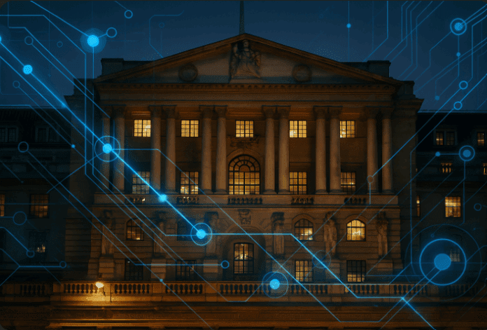 Historic Bank of England façade overlaid with digital payment-network graphics symbolising critical infrastructure under regulatory scrutiny