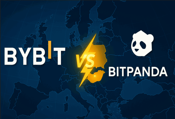 Stylised EU map with Austria highlighted; Bybit and Bitpanda logos facing off over Vienna.