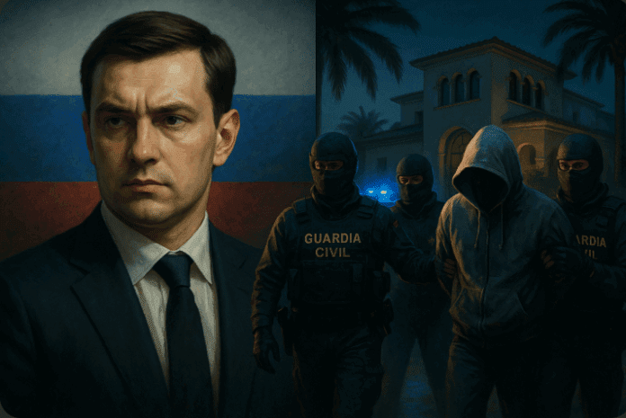 Formal portrait of Dmitry Artyakov juxtaposed with masked Spanish Guardia Civil officers escorting a hooded detainee during a money-laundering raid in Girona.