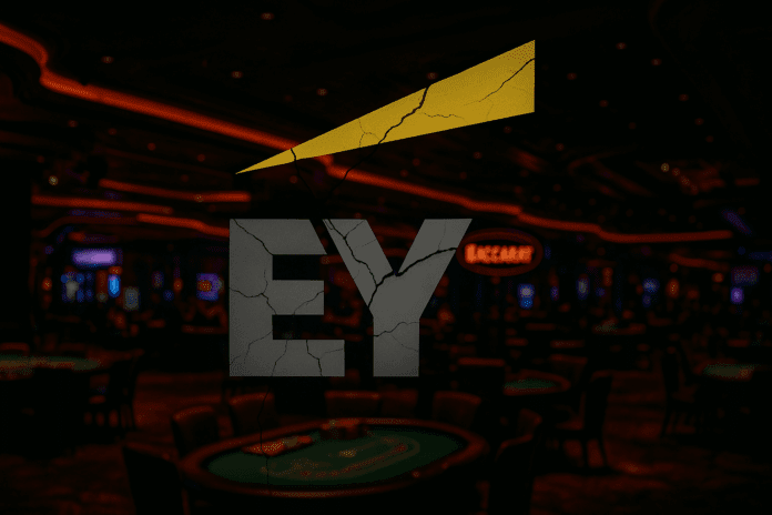 Dimly lit Macau casino floor with a fractured EY logo hovering overhead, symbolising hidden compliance cracks