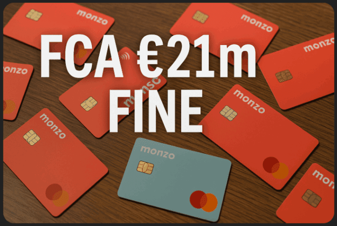 Monzo debit cards scattered across a desk beneath a bold “FCA £21 m fine” headline